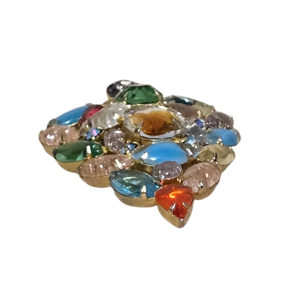 Multi Colored Crackle Glass Givre Fruit Salad Christmas Tree Brooch Pin Vtg